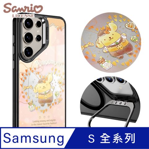 三麗鷗 Samsung S全系列 軍規防摔合金框隱形立架鏡面磁吸手機殼-甜心布丁狗-黑框