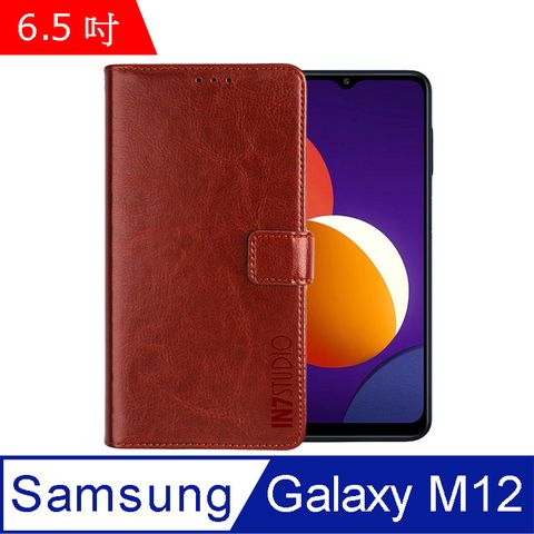 PU IN7 瘋馬紋 Samsung Galaxy M12 (6.5吋) 錢包式 磁扣側掀皮套 吊飾孔 手機皮套保護殼-棕色