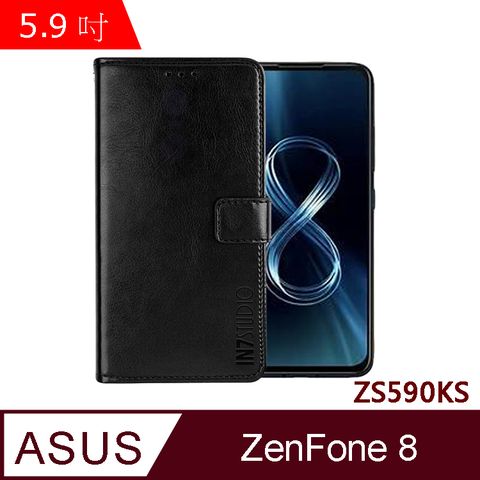 IN7 瘋馬紋 ASUS ZenFone 8 (5.9吋) ZS590KS 錢包式 磁扣側掀PU皮套 吊飾孔 手機皮套保護殼-黑色