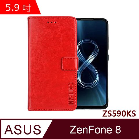 IN7 瘋馬紋 ASUS ZenFone 8 (5.9吋) ZS590KS 錢包式 磁扣側掀PU皮套 吊飾孔 手機皮套保護殼-紅色