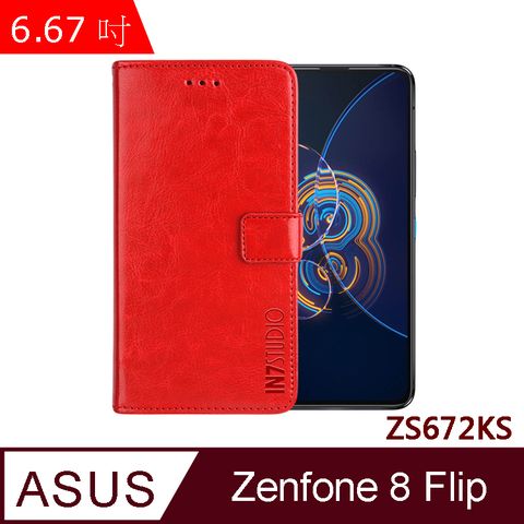 IN7 瘋馬紋 ASUS ZenFone 8 Flip (6.67吋) ZS672KS 錢包式 磁扣側掀PU皮套 吊飾孔 手機皮套保護殼-紅色
