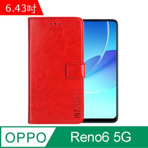 PU IN7 瘋馬紋 OPPO Reno6 5G (6.43吋) 錢包式 磁扣側掀皮套 吊飾孔 手機皮套保護殼-紅色