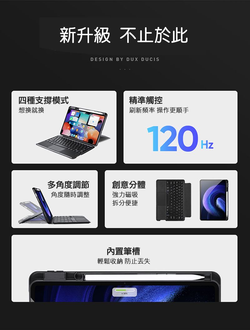 新升級 不止於此DESIGN BY DUX DUCIS四種支撐模式精準觸控想換就換刷新頻率 操作更順手多角度調節創意分體角度隨時調整強力磁吸拆分便捷內置筆槽輕鬆收納 防止丢失120H