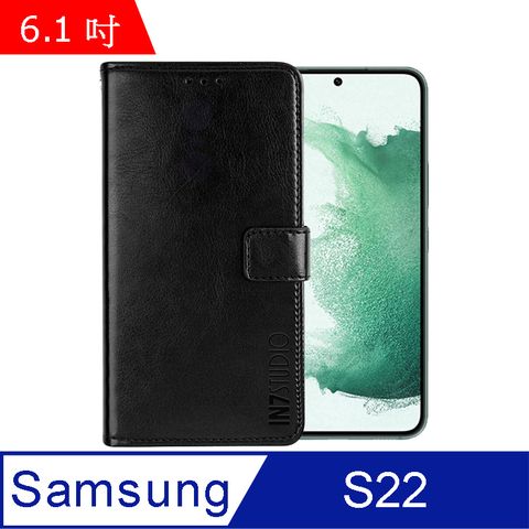 IN7 瘋馬紋 Samsung Galaxy S22 (6.1吋) 錢包式 磁扣側掀PU皮套 吊飾孔 手機皮套保護殼-黑色