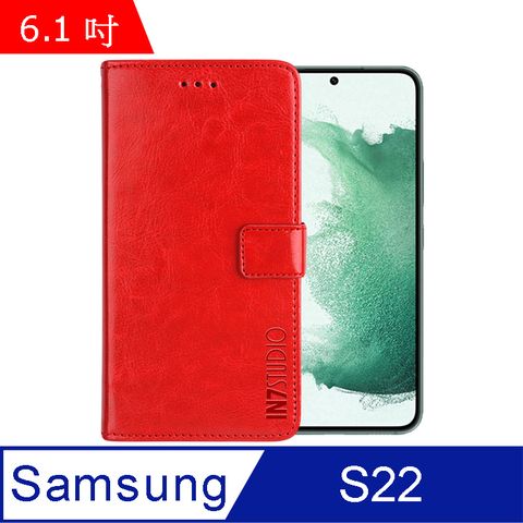 IN7 瘋馬紋 Samsung Galaxy S22 (6.1吋) 錢包式 磁扣側掀PU皮套 吊飾孔 手機皮套保護殼-紅色