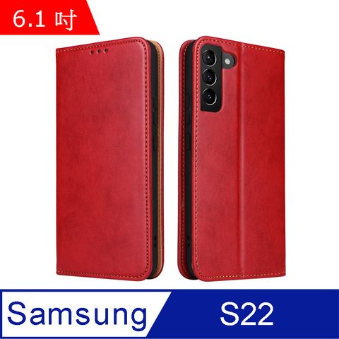 Fierre Shann 真皮紋 Samsung S22 (6.1吋) 錢包支架款 磁吸側掀 手工PU皮套保護殼-紅色