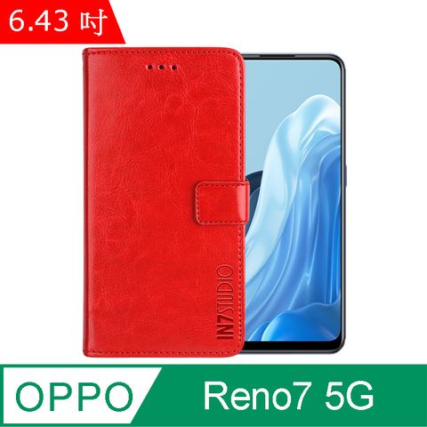 PU IN7 瘋馬紋 OPPO Reno7 5G (6.43吋) 錢包式 磁扣側掀皮套 吊飾孔 手機皮套保護殼-紅色