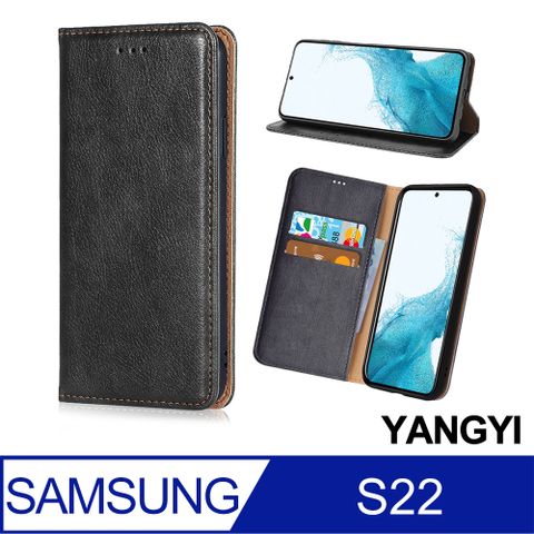 【YANGYI揚邑】Samsung Galaxy S22 磁吸側翻書本可立式插卡皮套真皮紋抗摔手機殼★柔軟皮革，減震抗摔TPU★