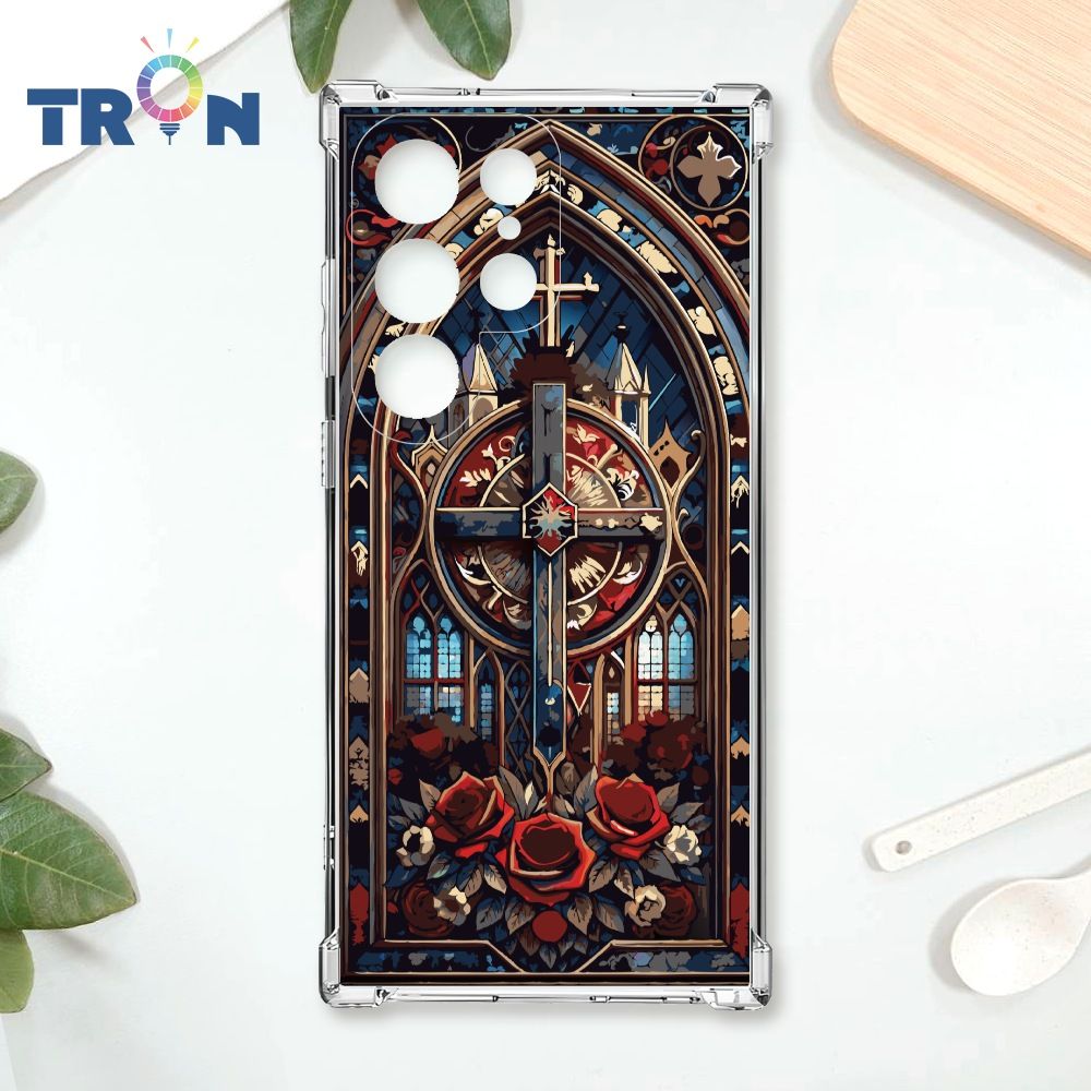  TRON 三星 S22 Ultra 十字架彩繪玻璃 四角防摔殼 手機殼