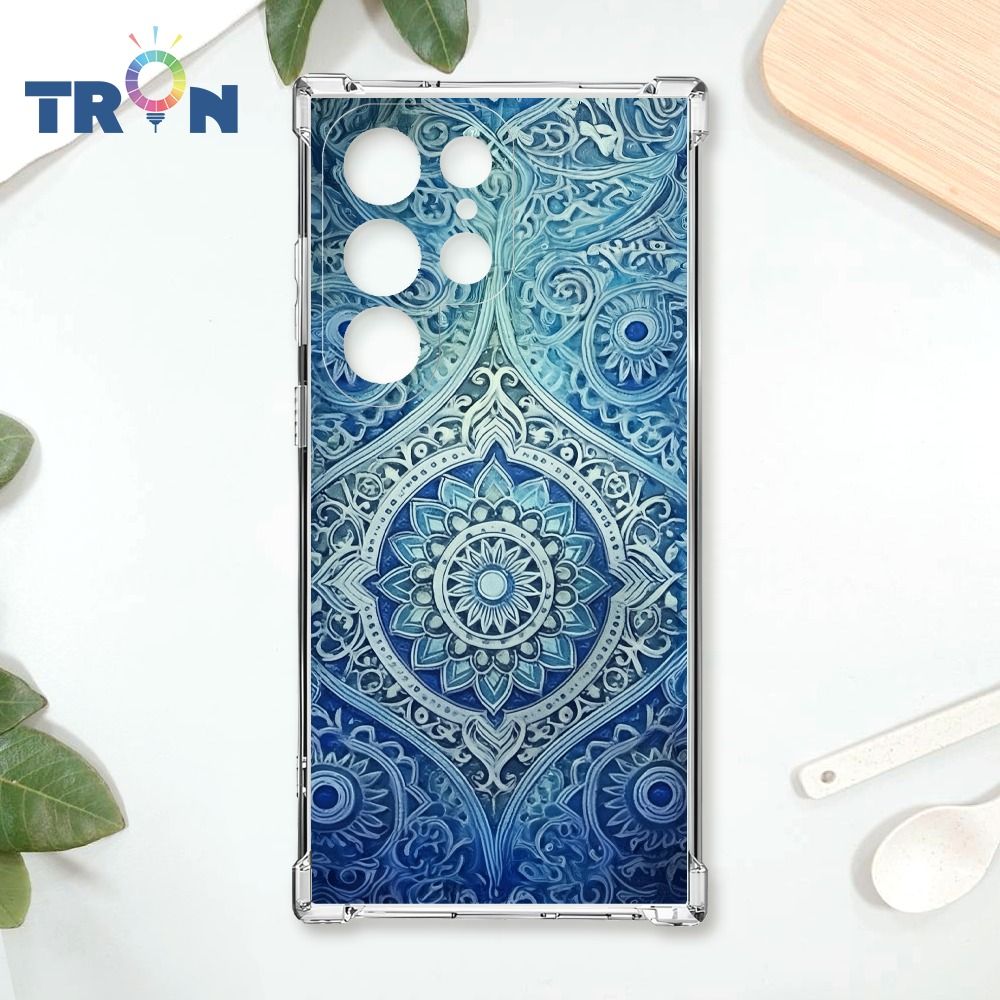  TRON 三星 S22 Ultra 藍色漸層印度Henna幸運祝福圖騰 四角防摔殼 手機殼