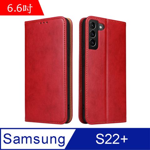 PU Fierre Shann 真皮紋 Samsung S22+ (6.6吋) 錢包支架款 磁吸側掀 手工皮套保護殼-紅色