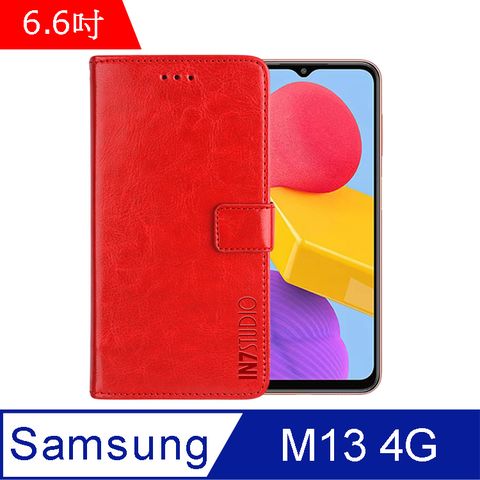 IN7 瘋馬紋 Samsung M13 4G (6.6吋) 錢包式 磁扣側掀PU皮套 吊飾孔 手機皮套保護殼-紅色