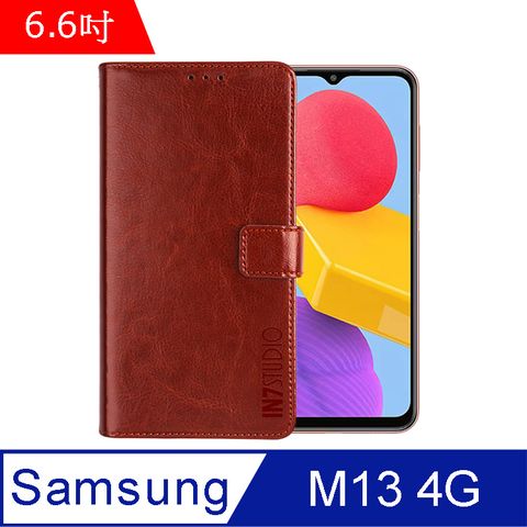 IN7 瘋馬紋 Samsung M13 4G (6.6吋) 錢包式 磁扣側掀PU皮套 吊飾孔 手機皮套保護殼-棕色