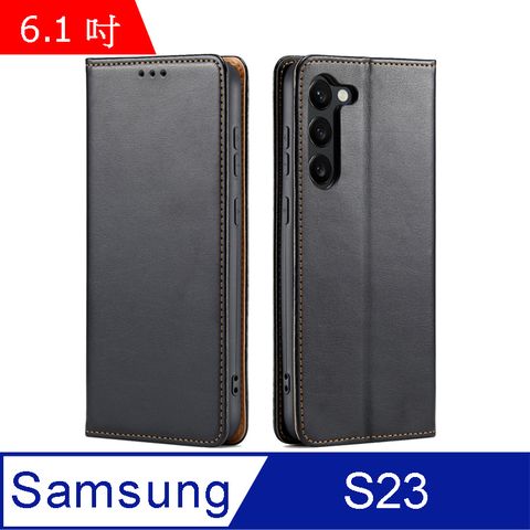 Fierre Shann 真皮紋 Samsung Galaxy S23 (6.1吋) 錢包支架款 磁吸側掀 手工PU皮套保護殼-黑色