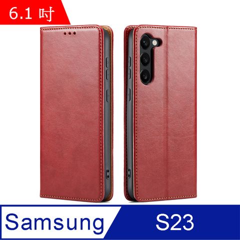 Fierre Shann 真皮紋 Samsung Galaxy S23 (6.1吋) 錢包支架款 磁吸側掀 手工PU皮套保護殼-紅色