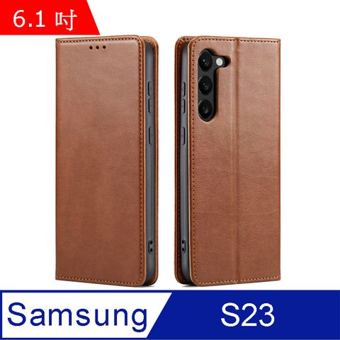 Fierre Shann 真皮紋 Samsung Galaxy S23 (6.1吋) 錢包支架款 磁吸側掀 手工PU皮套保護殼-棕色