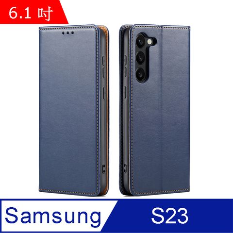 Fierre Shann 真皮紋 Samsung Galaxy S23 (6.1吋) 錢包支架款 磁吸側掀 手工PU皮套保護殼-藍色