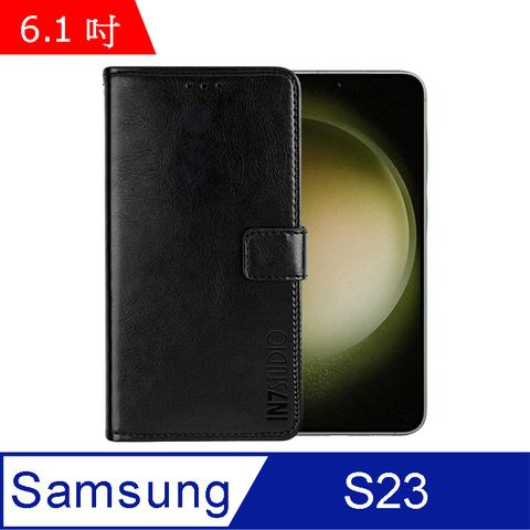IN7 瘋馬紋 Samsung Galaxy S23 (6.1吋) 錢包式 磁扣側掀PU皮套 吊飾孔 手機皮套保護殼-黑色