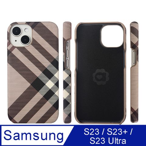 Aguchi 亞古奇 Samsung S23 / S23+ / S23 Ultra 英倫格紋氣質背蓋手機殼/保護殼-棕色 獨家限量發行