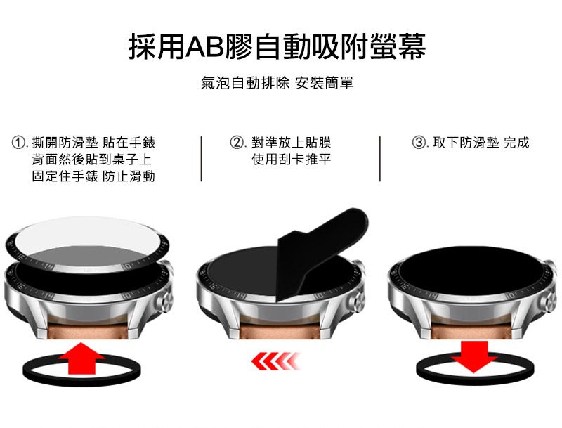 採用AB膠自動吸附螢幕氣泡自動排除 安裝簡單. 撕開防滑墊貼在手錶背面然後貼到桌子上固定住手錶 防止滑動②. 對準放上貼膜③. 取下防滑墊 完成使用刮卡推平