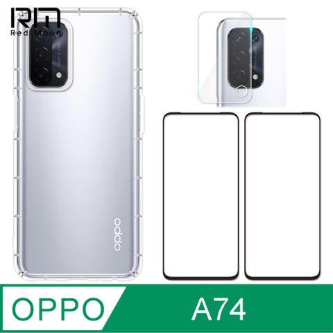 RedMoon OPPO A74 手機殼貼4件組 空壓殼-9H玻璃保貼2入+厚版鏡頭貼