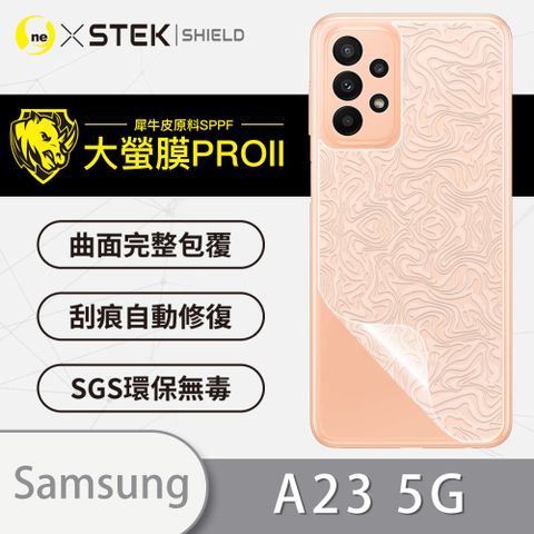 通過檢測抗撞擊力達425公斤Samsung A23 5G 背蓋保護貼 水舞卡夢款式 美國超跑頂級包膜原料犀牛皮 輕微刮痕自動修復