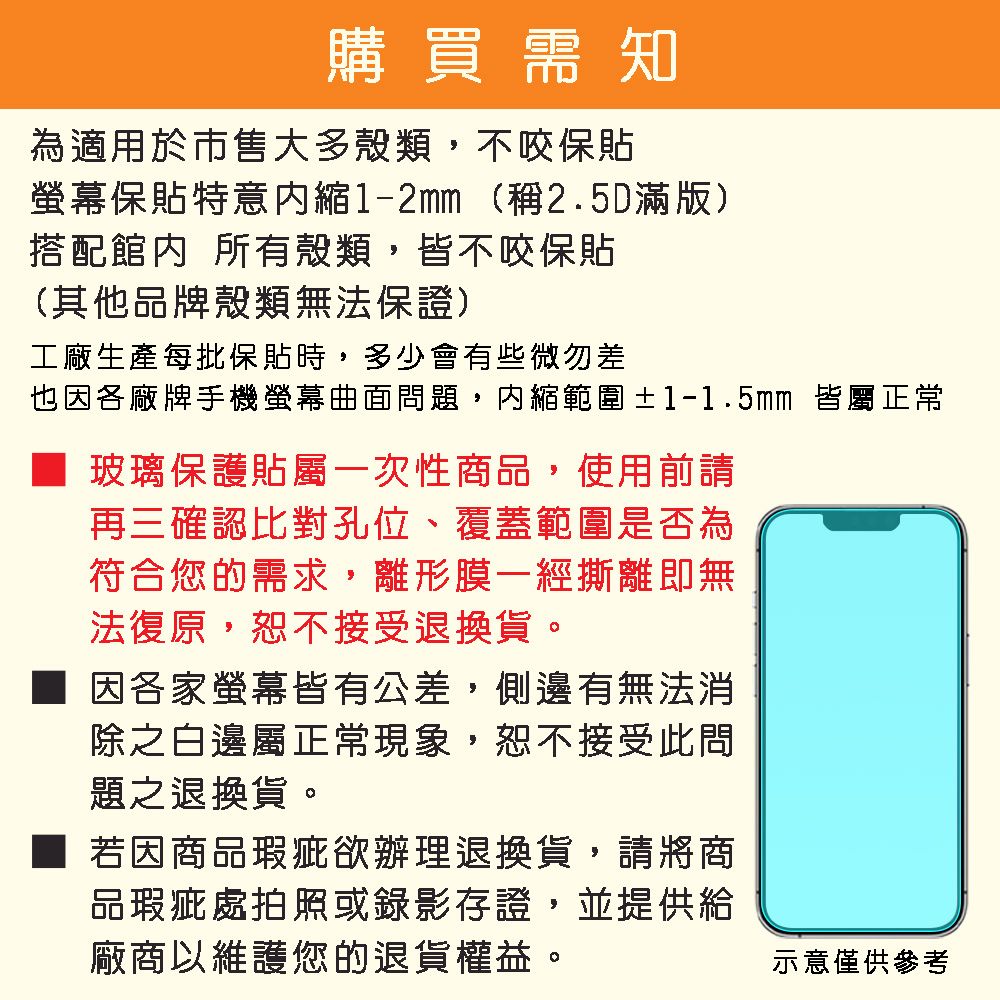 購買需知為適用於市售大多殼類,不咬保貼螢幕保貼特意1-2mm(稱2.5D滿版)搭配所有殼類,皆不咬保貼(其他品牌殼類無法保證)工廠生產每批保貼時,多少會有些微差也因各廠牌手機螢幕曲面問題,內縮範圍±1-1.5mm 皆屬正常玻璃保護貼屬一次性商品,使用前請再三確認比對孔位、覆蓋範圍是否為符合您的需求,離形膜一經撕離即無法復原,恕不接受退換貨。因各家螢幕皆有公差,側邊有無法消除之白邊屬正常現象,恕不接受此問題之退換貨。若因商品瑕疵欲辦理退換貨,請將商品瑕疵處拍照或錄影存證,並提供給廠商以維護您的退貨權益。示意僅供參考