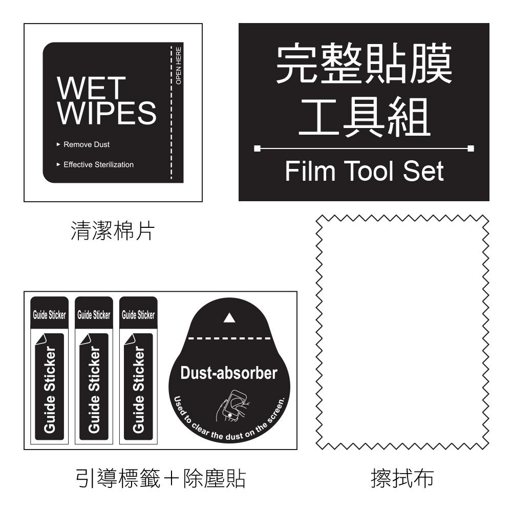 WETWIPES Remove Dust Effective Sterilization清潔棉片 HERE完整貼膜工具組Film Tool Set  Guide Sticker Guide StickerGuide StickerGuide StickerGuide StickerUsed toDust-absorberclear the dust on引導標籤+除塵貼thescreen.擦拭布