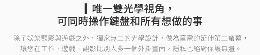 唯一雙光學視角,可同時操作鍵盤和所有想做的事除了娛樂觀影與遊戲之外,獨家無二的光學設計,做為筆電的延伸第二螢幕,讓您在工作、遊戲、觀影比別人多一個外掛畫面,隱私也絕對保護無遺。