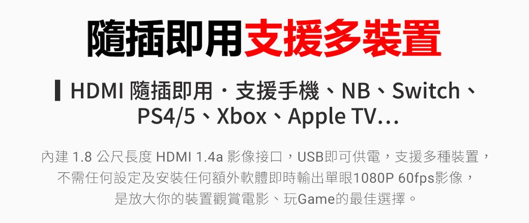 隨插即用支援多裝置HDMI 隨插即用支援手機、NB、Switch、PS4/5、Xbox、Apple TV...內建 1.8 公尺長度 HDMI 1.4a 影像接口,USB即可供電,支援多種裝置,不需任何設定及安裝任何額外軟體即時輸出單眼1080P60fps影像,是放大你的裝置觀賞電影、玩Game的最佳選擇。