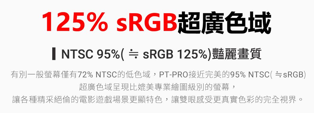 125% 超廣色域 NTSC 95%(  sRGB 125%)豔麗畫質有別一般螢幕僅有72% NTSC的低色域,PT-PRO接近完美的95%NTSC( sRGB)超廣色域呈現比媲美專業繪圖級別的螢幕,讓各種精采絕倫的電影遊戲場景更顯特色,讓雙眼感受更真實色彩的完全視界。