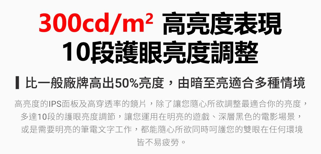 300cd/m²高亮度表現10段護眼亮度調整比一般廠牌高出50%亮度,由暗至亮適合多種情境高亮度的IPS面板及高穿透率的鏡片,除了讓您隨心所欲調整最適合你的亮度,多達10段的護眼亮度調節,讓您運用在明亮的遊戲、深層黑色的電影場景,或是需要明亮的筆電文字工作,都能隨心所欲同時呵護您的雙眼在任何環境皆不易疲勞。