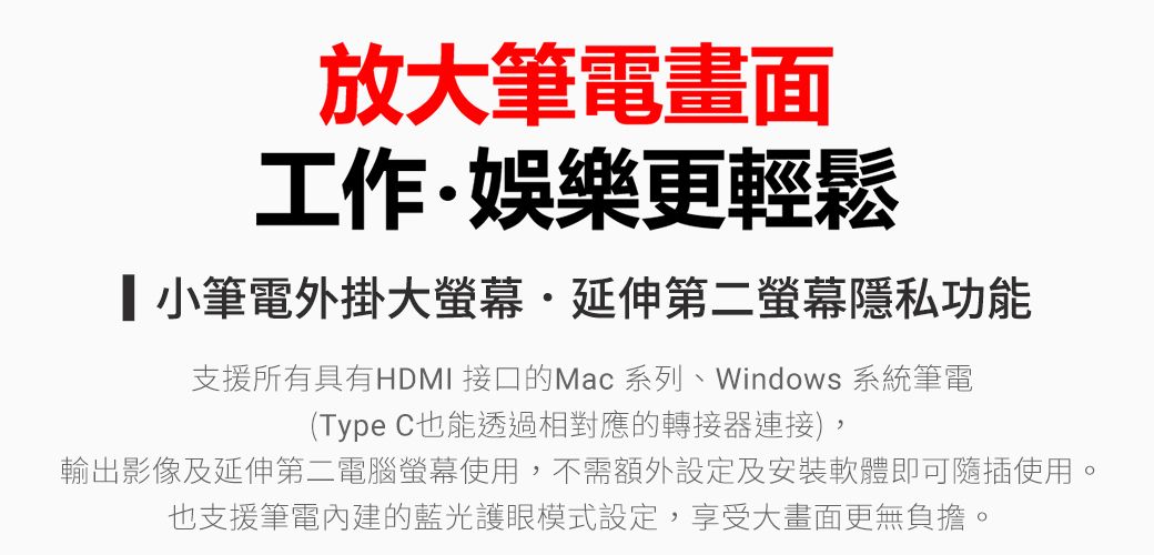 放大筆電畫面工作娛樂更輕鬆小筆電外掛大螢幕延伸第二螢幕隱私功能支援所有具有HDMI 接口的Mac 系列、Windows 系統筆電(Type C也能透過相對應的轉接器連接),輸出影像及延伸第二電腦螢幕使用,不需額外設定及安裝軟體即可隨插使用。也支援筆電內建的藍光護眼模式設定,享受大畫面更無負擔。