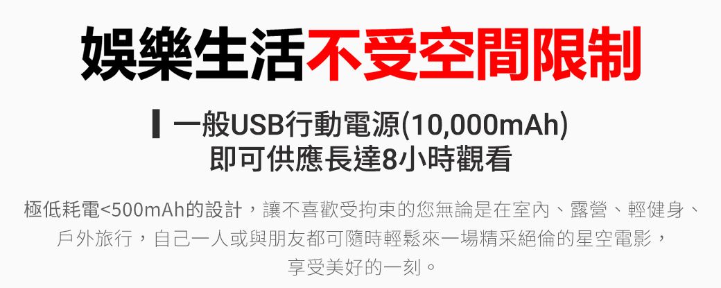 娛樂生活不受空間限制一般USB行動電源(10,000mAh)即可供應長達8小時觀看極低耗電500mAh的設計,讓不喜歡受拘束的您無論是在室內、露營、輕健身、戶外旅行,自己一人或與朋友都可隨時輕鬆來一場精采絕倫的星空電影,享受美好的一刻。