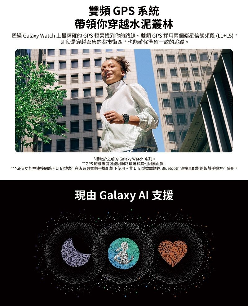雙頻 GPS系統帶領你穿越水泥叢林透過 Galaxy Watch 上最精確的 GPS 輕易找到你的路線。雙頻GPS採用兩個衛星信號頻段(L1+L5即使是穿越密集的都市街區,也能確保準確一致的追蹤。*相較於之前的 Galaxy Watch 系列。**GPS 的精確度可能因網路環境和其他因素而異。***GPS功能連接網路。LTE 型號可在沒有與智慧手機配對下使用。非LTE 型號需透過 Bluetooth 連接至配對的智慧手機方可使用。現由 Galaxy  支援