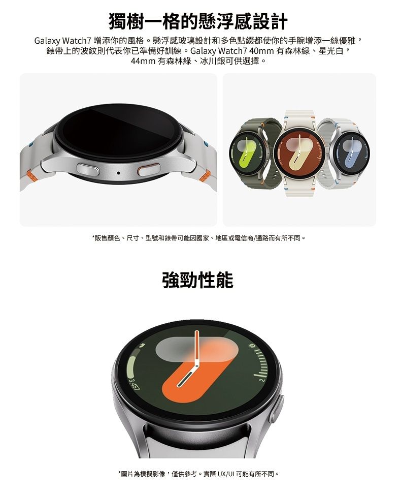 獨樹一格的懸浮感設計Galaxy Watch7 增添你的風格。懸浮感玻璃設計和多色點綴都使你的手腕增添一絲優雅,錶帶上的波紋則代表你已準備好訓練。Galaxy Watch7 40mm 有森林綠星光白,44mm 有森林綠、冰川銀可供選擇。*販售顏色、尺寸、型號和錶帶可能因國家、地區或電信商/通路而有所不同。強勁性能*圖片為模擬影像,僅供參考。實際 UX/UI 可能有所不同。