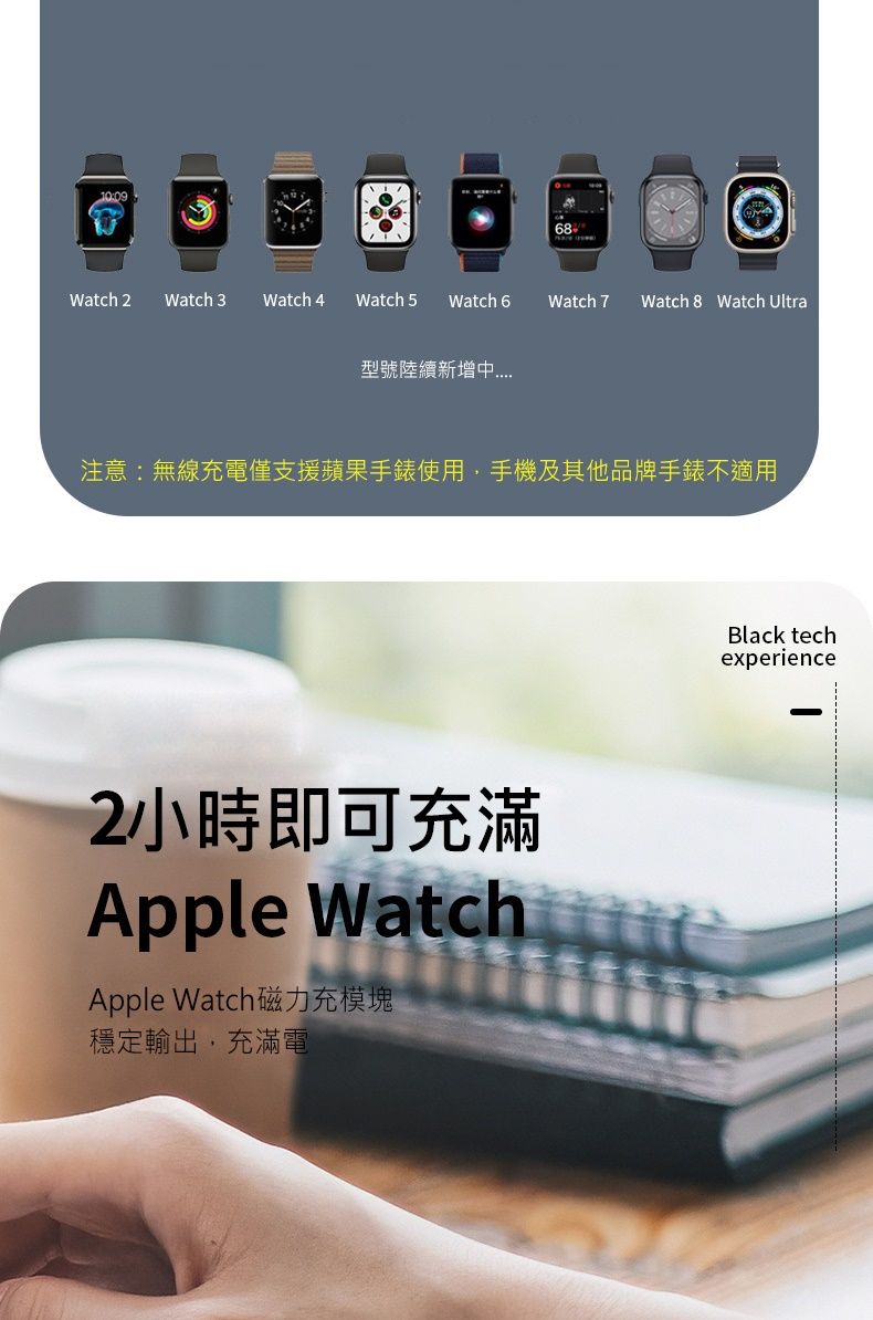 100968Watch 2 Watch 3 Watch 4 Watch 5 Watch 6Watch 7 Watch 8 Watch Ultra型號陸續新增注意:無線充電僅支援蘋果手錶使用手機及其他品牌手錶不適用2小時即可充滿Apple WatchApple Watch磁力充模塊穩定輸出,充滿電Black techexperience