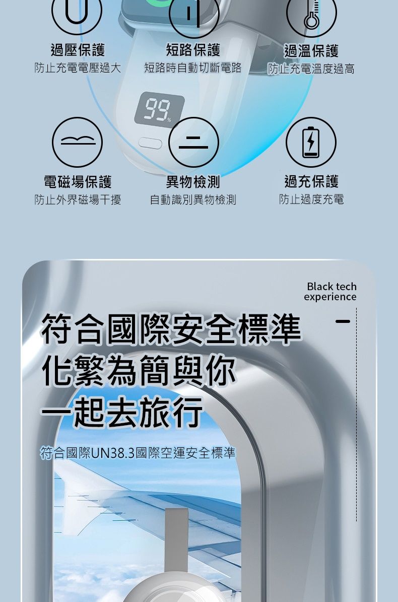 過壓保護短路保護過溫保護防止充電電壓過大短路時自動切斷電路防止充電溫度過高99=電磁場保護異物檢測過充保護防止外界磁場干擾自動識別異物檢測防止過度充電符合國際安全標準繁為簡與你一起去旅行符合國際UN38.3國際空運安全標準Black techexperience