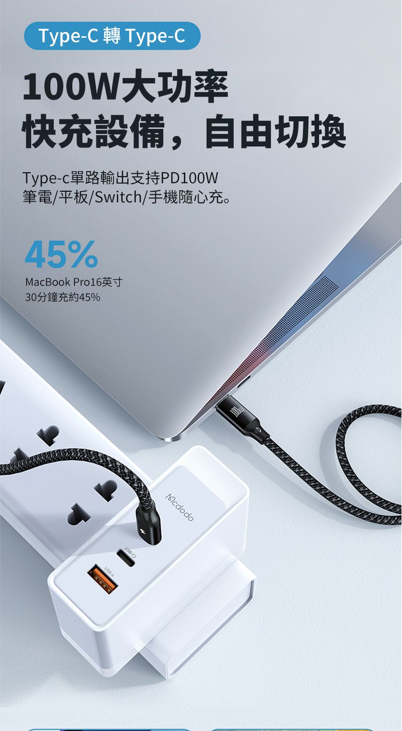 TypeC 轉 Type-C100W大功率快充設備,自由切換Type-c單路輸出支持PD100W筆電/平板/Switch/手機隨心充。45%MacBook Pro16英寸30分鐘充約45%USB-Mcdodo