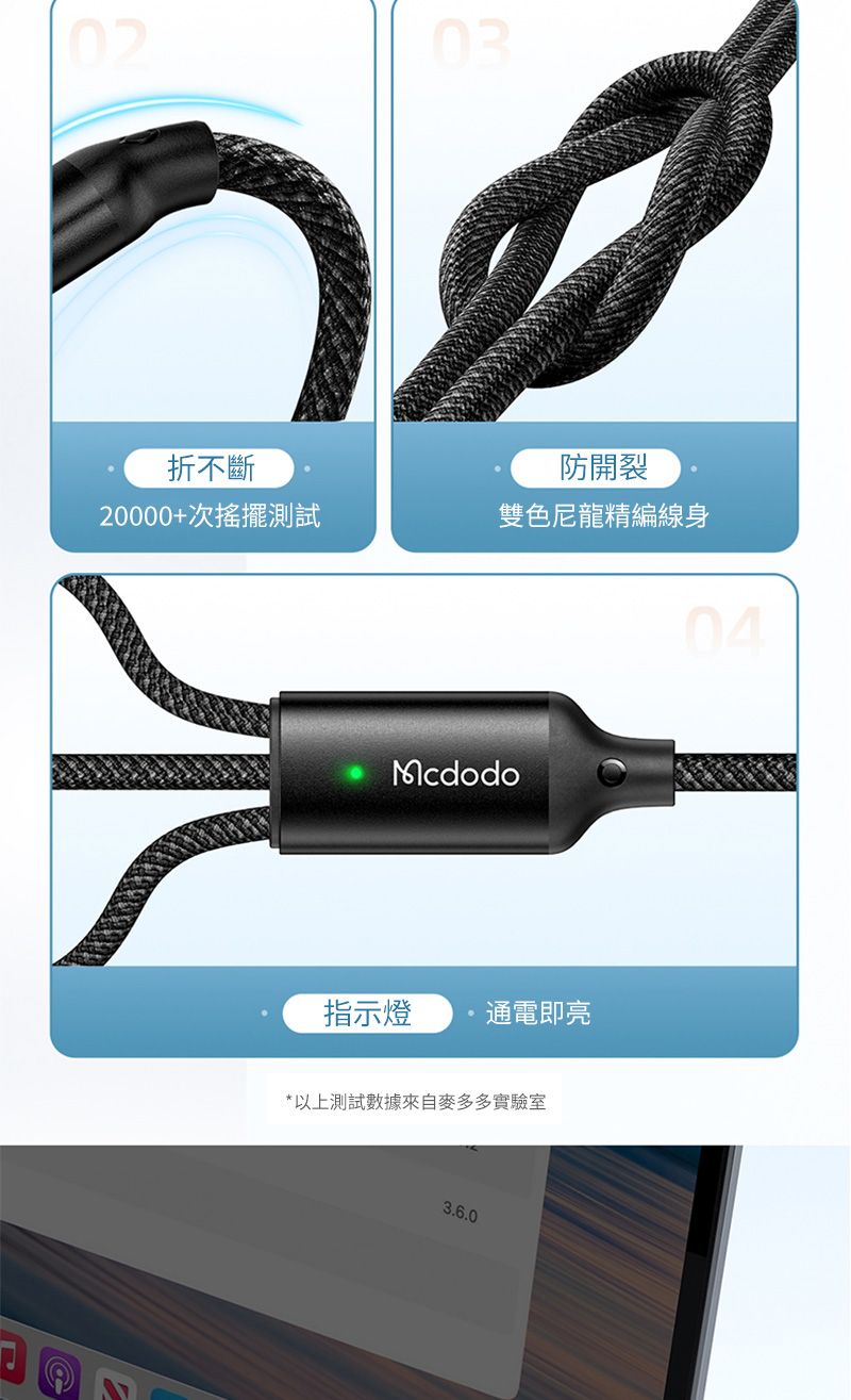 0203折不斷防開裂20000+次搖擺測試雙色尼龍精編線身Mcdodo指示燈 通電即亮*以上測試數據來自麥多多實驗室3.6.004