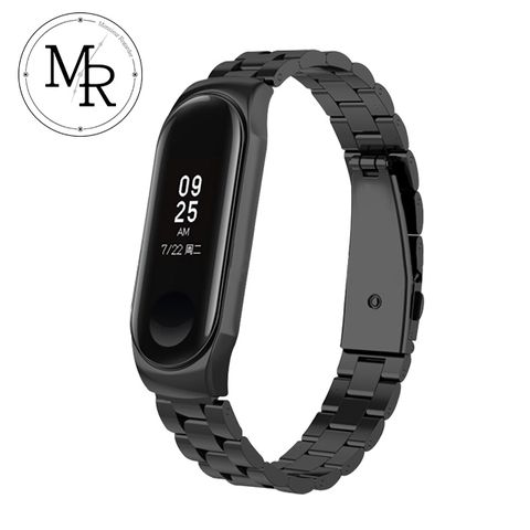 安裝簡易牢固 MR 小米手環3/4通用不鏽鋼三珠摺疊扣錶帶(鏡面黑)