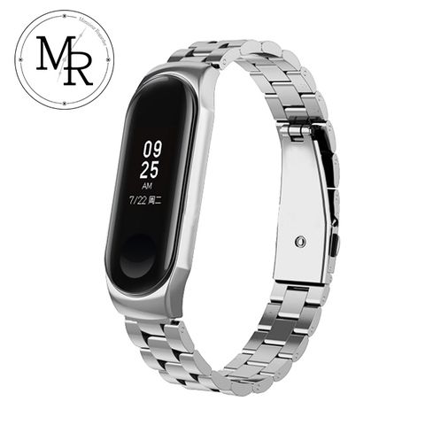 安裝簡易牢固MR 小米手環3/4通用不鏽鋼三珠摺疊扣錶帶(星空銀)