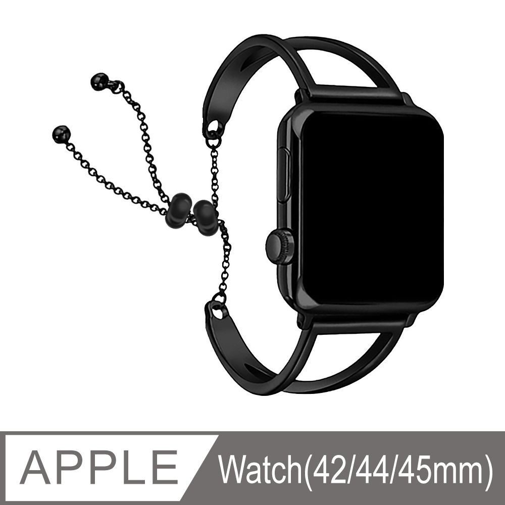 Timo  Apple Watch 42/44/45/49/10代46mm 經典時尚V字鏤空金屬鍊帶-知性黑