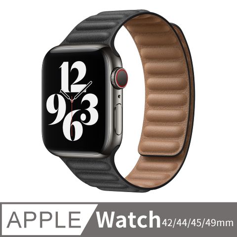 Apple Watch Ultra2/S9/S8/7/6/5/4/3/2/SE 皮製鏈式磁吸錶帶 iWatch替換錶帶 42/44/45/49mm通用 黑色