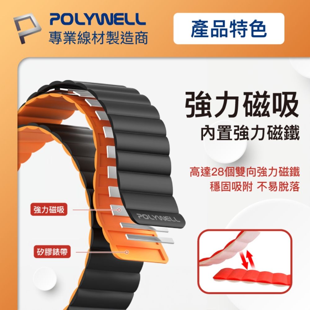 POLYWELL 寶利威爾 Apple Watch 磁吸矽膠錶帶 38/40/41/42/44/45mm