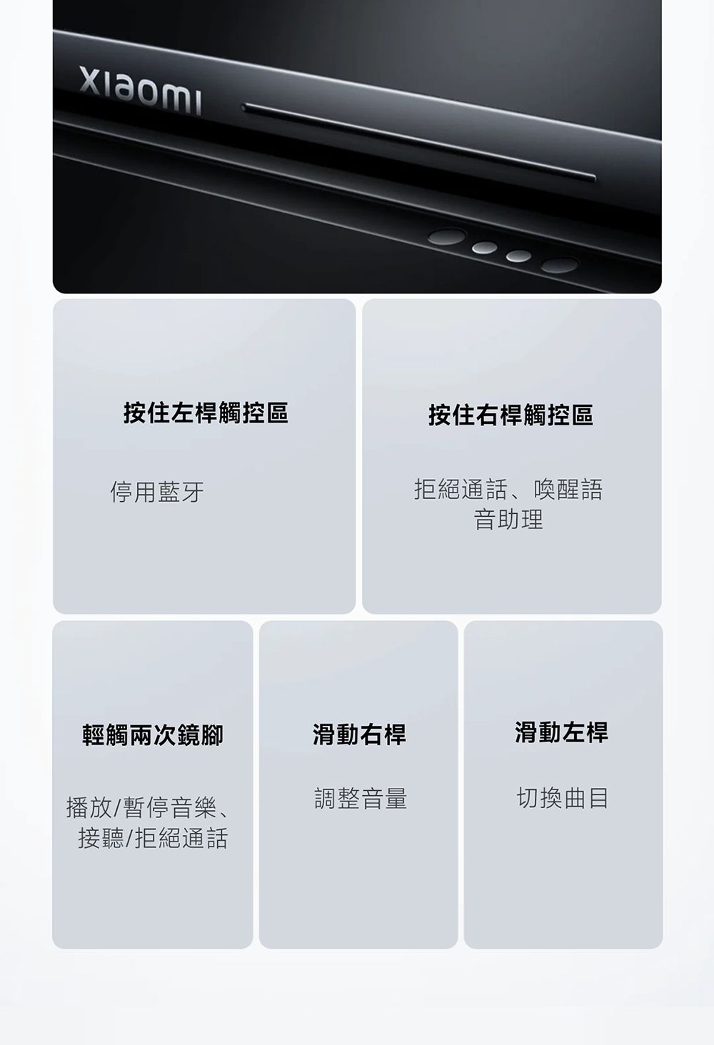 xiaomi按住左觸控區按住右桿觸控區停用藍牙拒絕通話、喚醒語音助理輕觸兩次鏡腳滑動右桿滑動左桿播放/暫停音樂、接聽/拒絕通話調整音量切換曲目