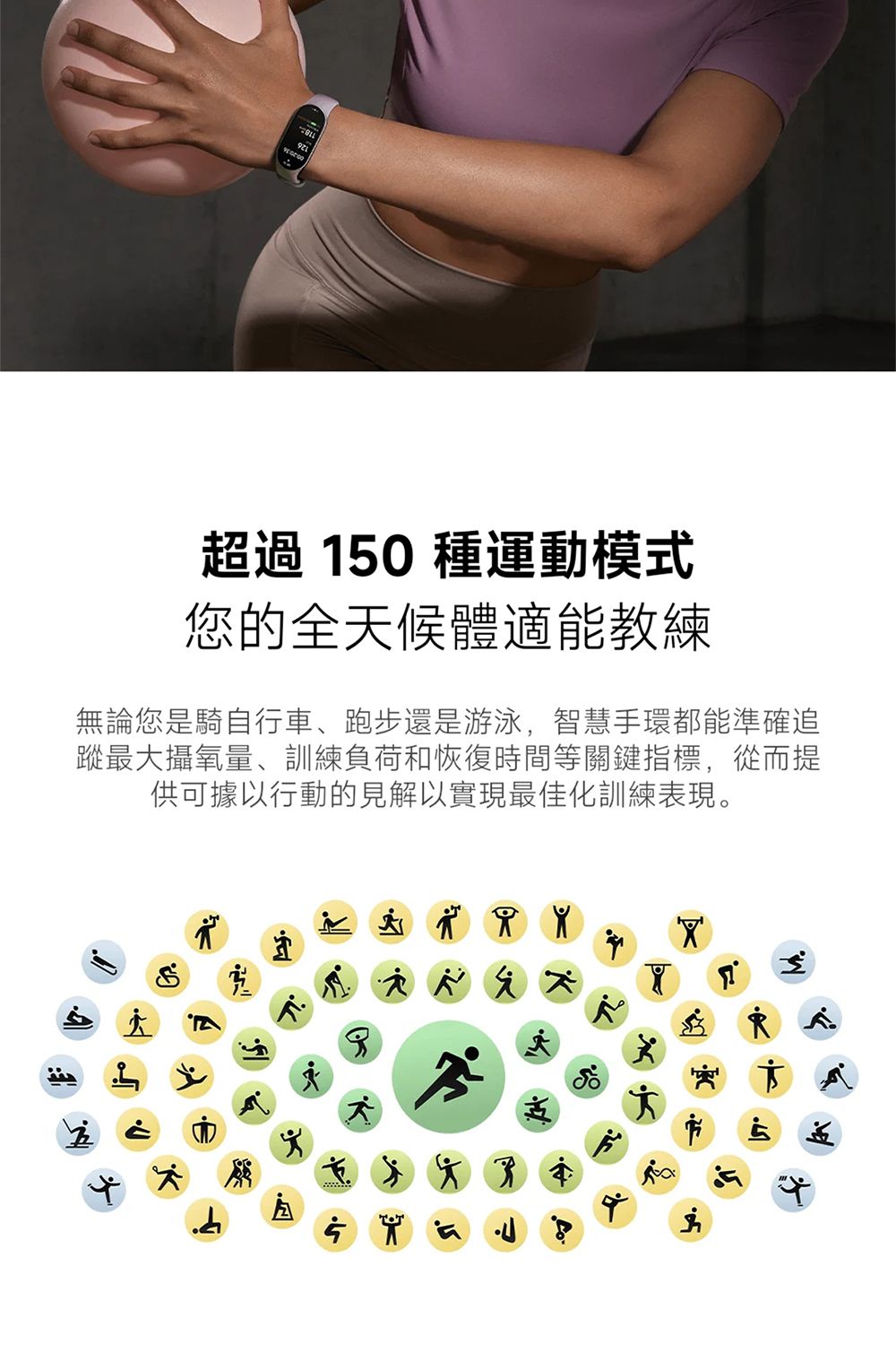 超過 150 種運動模式您的全天候體適能教練無論您是騎自行車、跑步還是游泳,智慧手環都能準確追蹤最大攝氧量、訓練負荷和恢復時間等關鍵指標,從而提供可據以行動的見解以實現最佳化訓練表現。