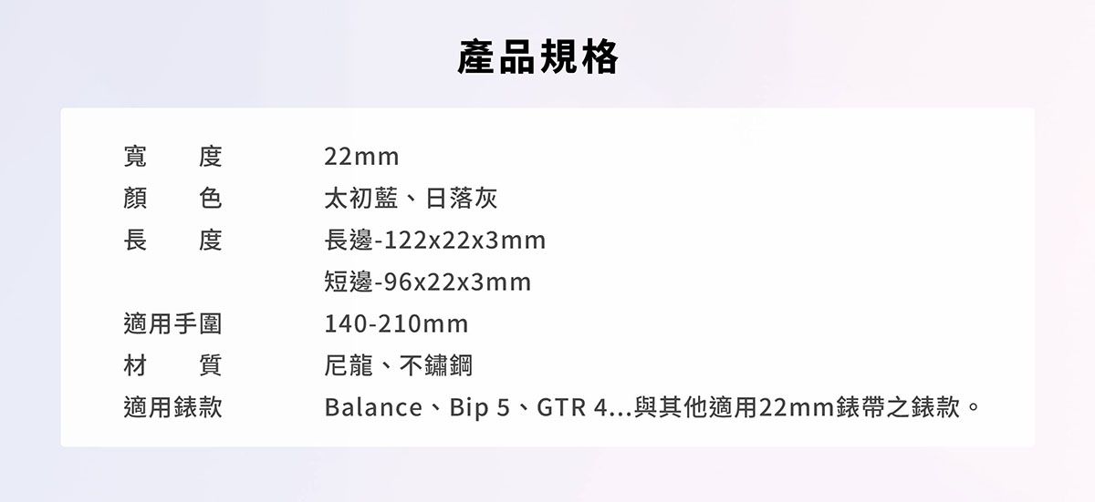 產品規格寬 顏度 22mm太初藍、日落灰度長邊-122x22x3mm短邊-96x22x3mm適用手圍材 質140-210mm尼龍、不鏽鋼適用錶款Balance、Bip5、GTR 4...與其他適用22mm錶帶之錶款。