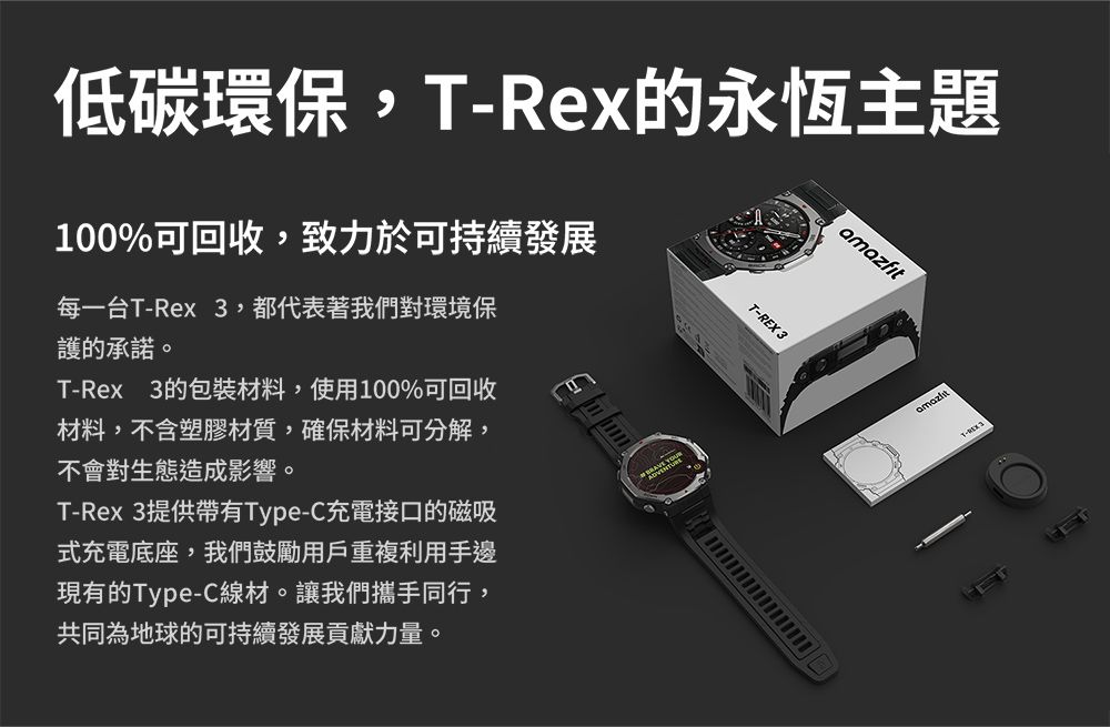 低碳環保,T-Rex的永恆主題100%可回收,致力於可持續發展護的承諾。每一台T-Rex 3,都代表著我們對環境保T-Rex 3的包裝材料,使用100%可回收材料,不含塑膠材質,確保材料可分解,不會對生態造成影響。T-Rex 3提供帶有Type-C充電接口的磁吸式充電底座,我們鼓勵用戶重複利用手邊現有的Type-C線材。讓我們攜手同行,共同為地球的可持續發展貢獻力量。 T-REX3amazfit