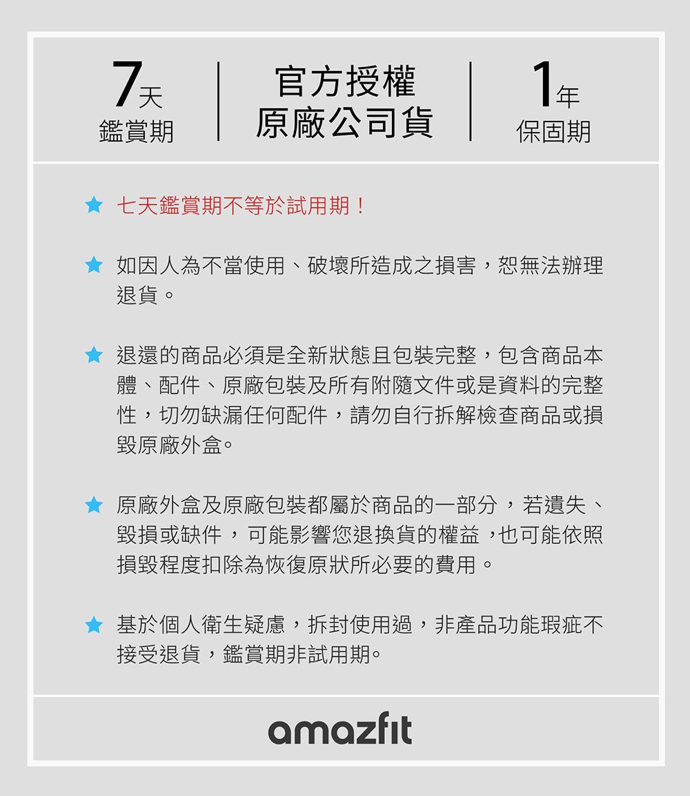 7官方授權1年鑑賞期原廠公司貨保固期七天鑑賞期不等於試用期!如因人為不當使用、破壞所造成之損害,恕無法辦理退貨。退還的商品必須是全新狀態且包裝完整,包含商品本體、配件、原廠包裝及所有附隨文件或資料的完整性,切勿缺漏任何配件,請勿自行拆解檢查商品或損毀原廠外盒。原廠外盒及原廠包裝都屬於商品的一部分,若遺失、毀損或缺件,可能影響您退換貨的權益,也可能依照損毀程度扣除為恢復原狀所必要的費用。基於個人衛生疑慮,拆封使用過,非產品功能瑕疵不接受退貨,鑑賞期非試用期。amazfit